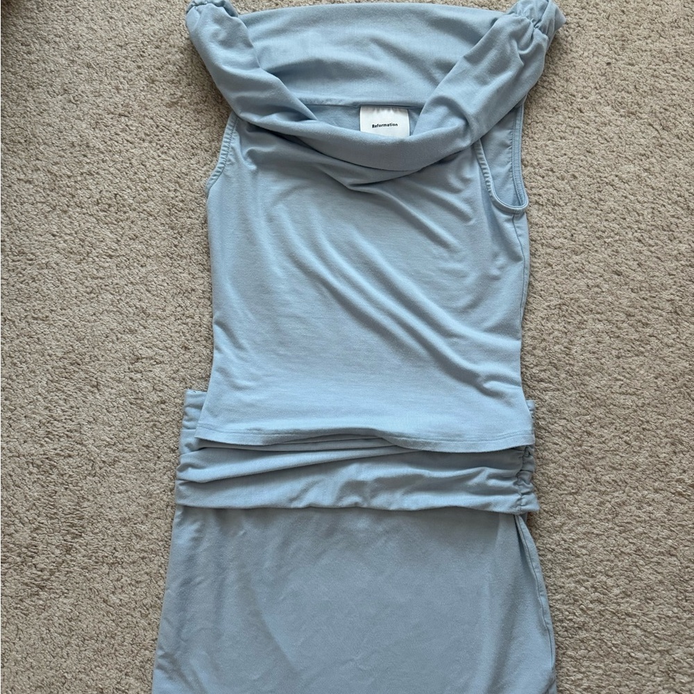 Reformation Blue Cowl Neck Top and Skirt